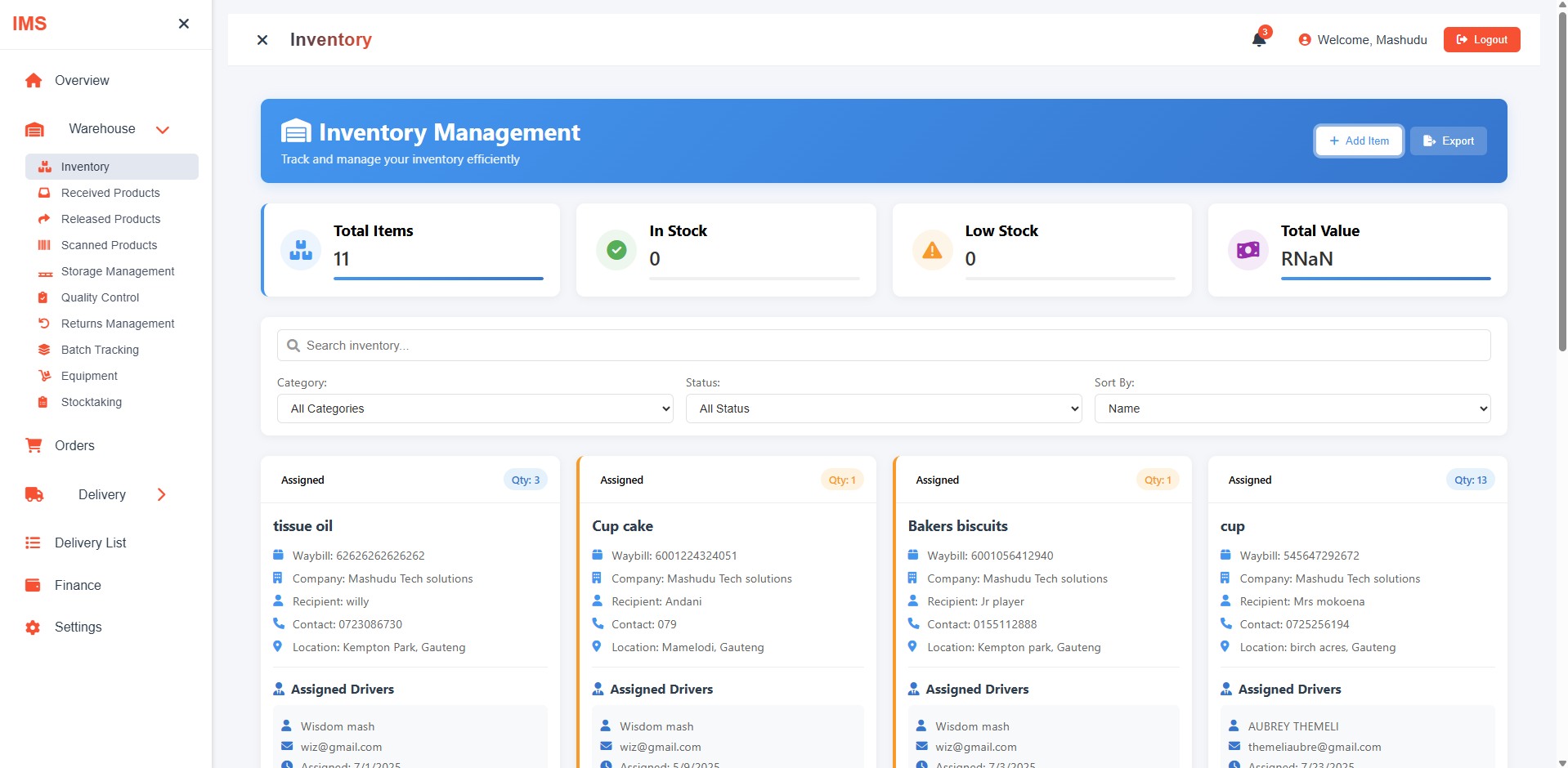 Inventory Management website — inventory list